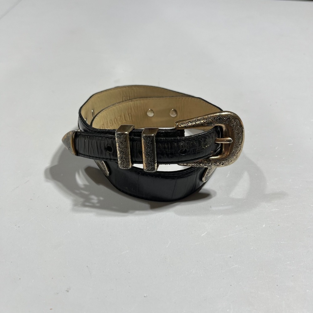 Fossil Black Croco Embossed Leather Western Belt Silver Concho Mens Small VTG